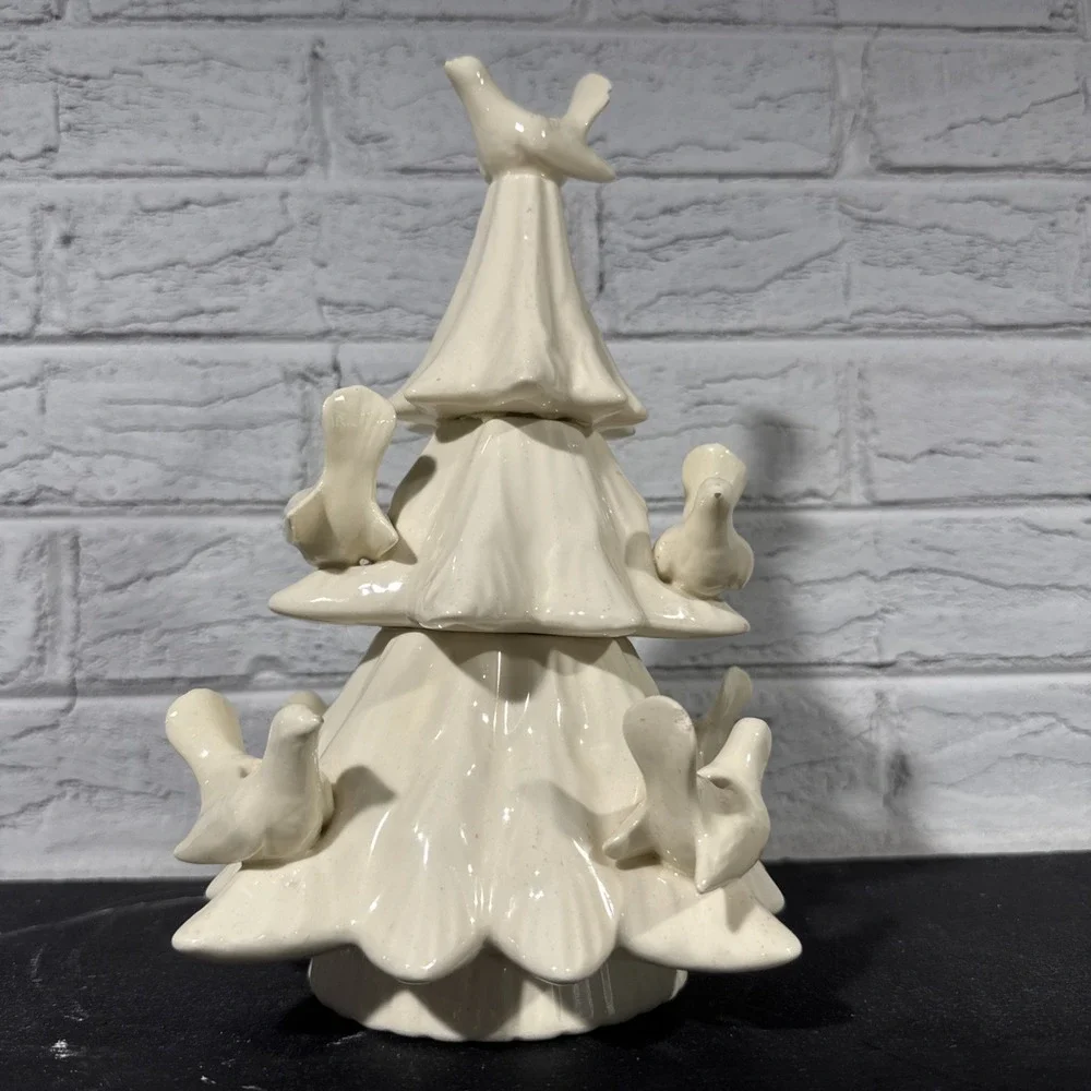 Vintage MCM Ceramic Christmas Tree White With Dove Candlestick Holders 9.5
